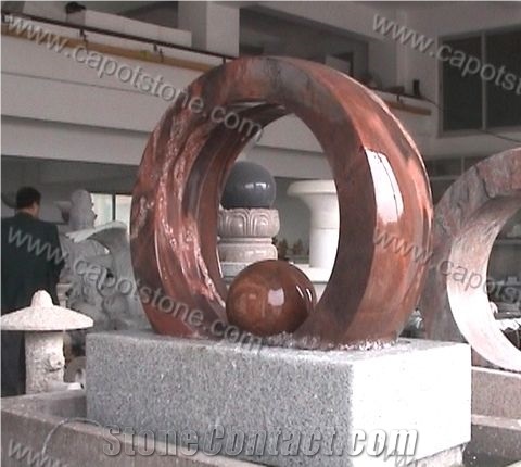 Granite Floating Sphere Fountain, Red Granite Fountain