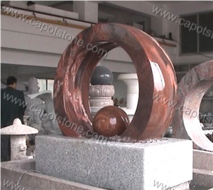 Granite Floating Sphere Fountain, Red Granite Fountain