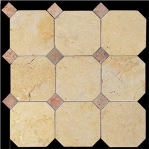 Jerusalem Gold Honed Octagon Red Dot Mosaic, Jerusalem Gold Yellow Limestone Mosaic