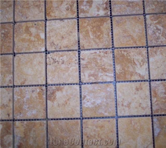 Giallo Travertine Mesh Mounted Mosaic Tile, Giallo Yellow Travertine Mosaic