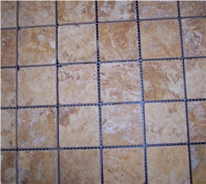 Giallo Travertine Mesh Mounted Mosaic Tile, Giallo Yellow Travertine Mosaic