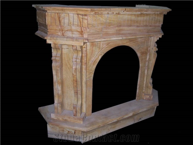 Teak Wood Yellow Marble Fireplaces