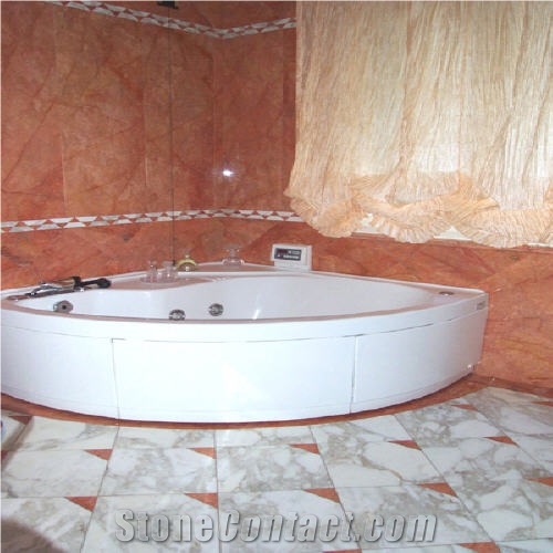 Bathroom in Marble Rosso Alambra and Calacatta Ven, Red Marble Bath Design