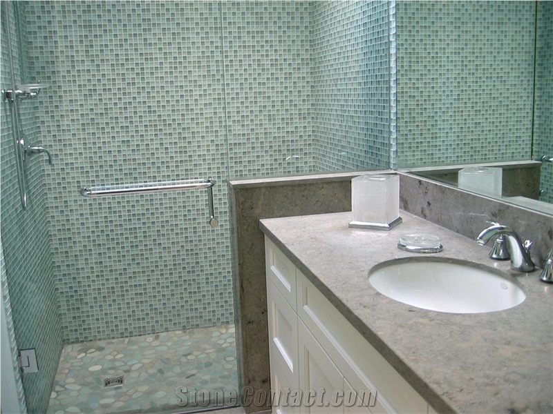 VanityTop, Backsplash in Deep Sea Blue Limestone
