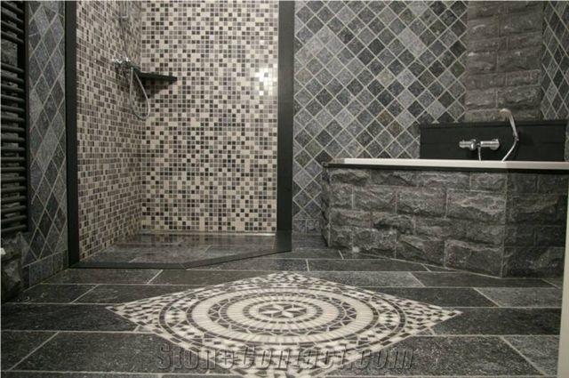 Blue Stone and Black Marble Bathroom, Belgian Bluestone Grey Blue Stone Bath Design