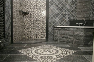 Blue Stone and Black Marble Bathroom, Belgian Bluestone Grey Blue Stone Bath Design