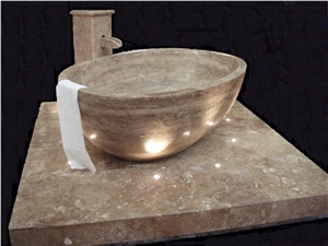 Helmet Tub in Travertine, Noce Travertine Sinks, Brown Travertine Turkey Basins