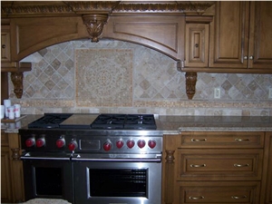 Tumbled Travertine with Mosaic Medallion, Beige Travertine Kitchen Design