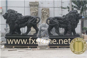 Black Marble Carved Lions Sculpture