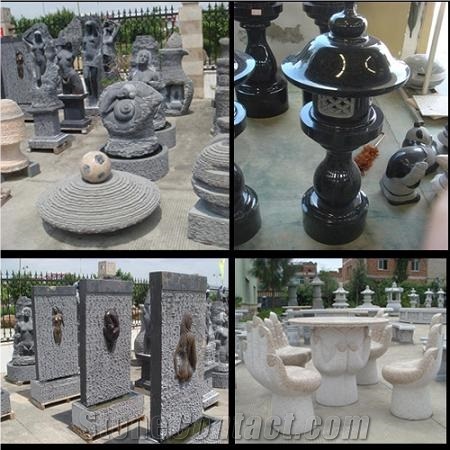 Granite Carvings Fountain, Flowerpot, Bench