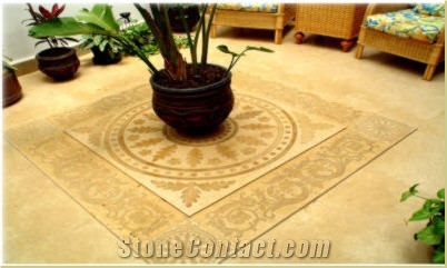 Desert Cream Marble Mosaic Floor Medallions & Engravings