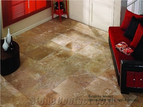 Heron Dark Gold Travertine (Gold Cream Travertine) Tiles & Slabs, Brown Polished Travertine Flooring Tiles