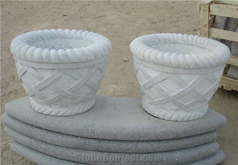 White Granite Carved Flower Pots
