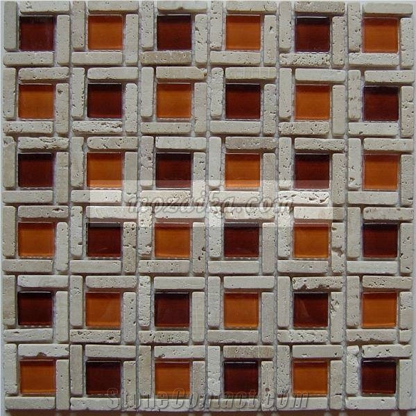 Beige Travertine and Glass Mixed Mosaic