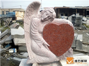Red Granite Angel Monuments, Heart Tombstones