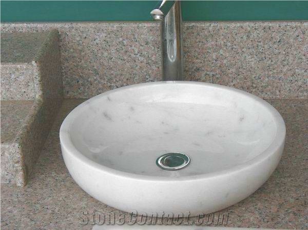 Polished Guangxi White Marble Wash Basins,Chinese Guangxi White Marble Round Sinks