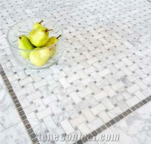 Bianco Carrara - Bardiglio Basketweave Mosaic, Carrara White Marble