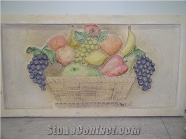 Bowl Of Fruit Hand Carved Wall Placque, Beige Travertine Bowls