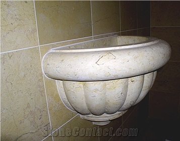 Carved Hadrian Limestone Scalloped Basin, Beige Limestone Basin
