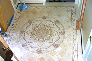 Mosaic Medallion with Tumbled Tile, Beige Marble Mosaic Medallion
