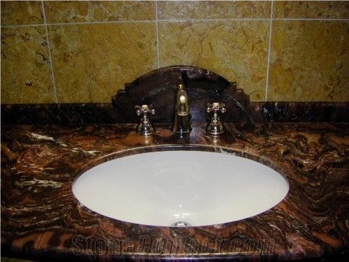 Rosso Sequoia Vanity Top and Giallo Reale Marble Backsplash, Sequoia Brown Marble Vanity Top
