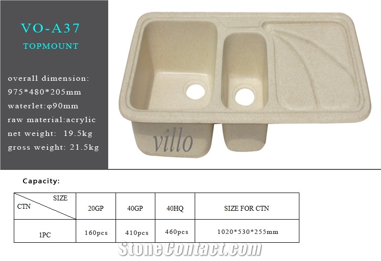China Acrylic Double Bowls Topmount Sinks (VO-A37)