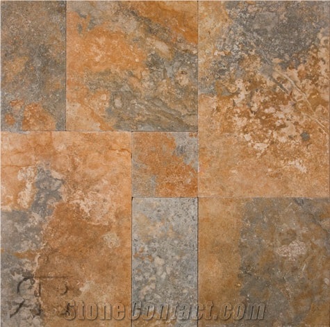 Gold Green Travertine Tumbled Versailles Pattern
