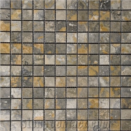 Gold Green 1x1 Polished Travertine Mosaic