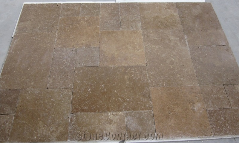 Noce Tumbled Travertine Versailles Pattern Set, Dark Noce Travertine Slabs