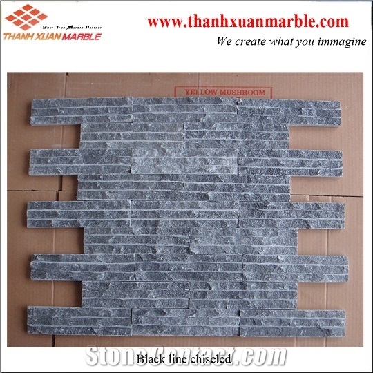 Wall Cladding Black Line Chiseled Stone, Vein Black Marble