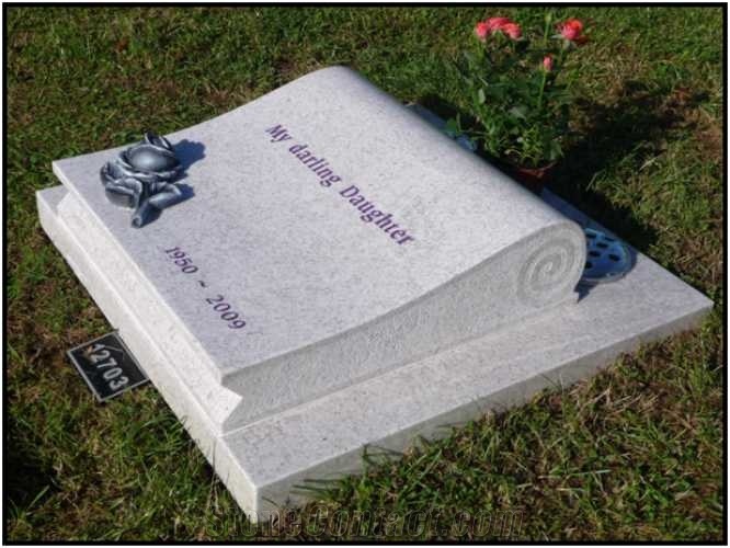 White Granite Scroll Design Slant Grave Stone