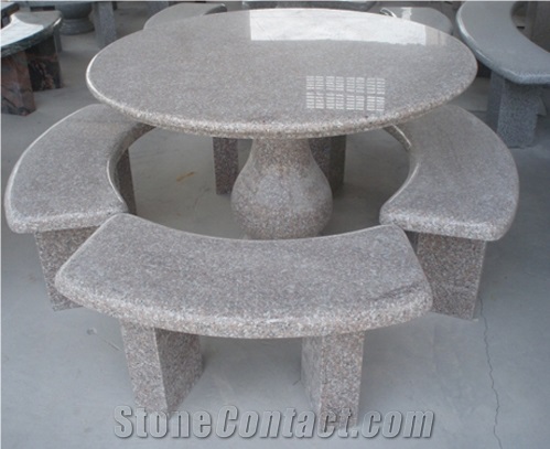 Stone Table and Bench, Red Granite Bench