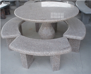 Stone Table and Bench, Red Granite Bench