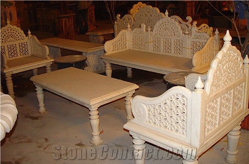 Traditional Carved Marble Table and Bench