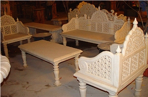 Traditional Carved Marble Table and Bench