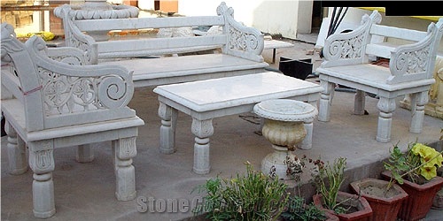 Traditional Carved Marble Table and Bench
