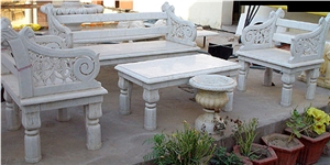 Traditional Carved Marble Table and Bench