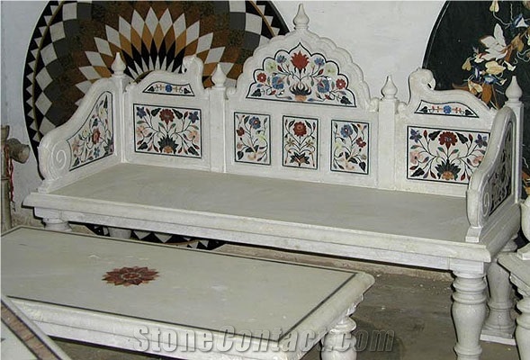 Traditional Carved Marble Table and Bench,White Marble