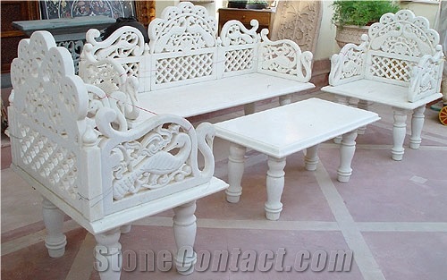 Traditional Carved Marble Table and Bench,White Marble
