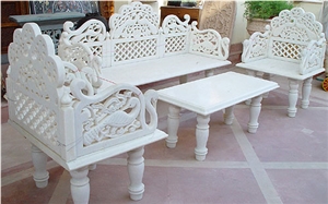 Traditional Carved Marble Table and Bench,White Marble