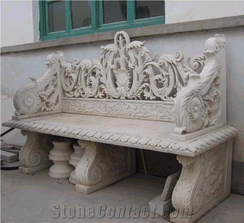 Traditional Carved Marble Table and Bench,White Marble