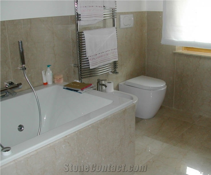 Botticino Classico Wall and Floor Tiles, Bath Desi, Beige Marble Bath Design