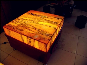Backlit Afterglow Onyx Glass Table, Afterglow Yellow Onyx Tables