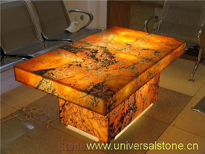 Backlit Afterglow Onyx Glass Table, Afterglow Yellow Onyx Tables