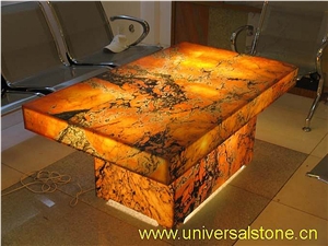 Backlit Afterglow Onyx Glass Table, Afterglow Yellow Onyx Tables