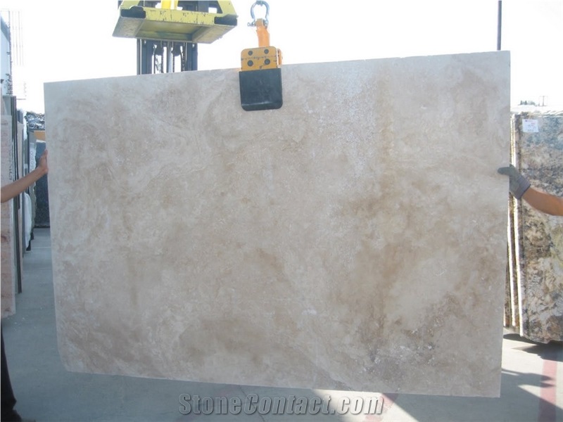 Light Travertine Slabs, Classic Denizli Travertine Slabs, Filled and Honed