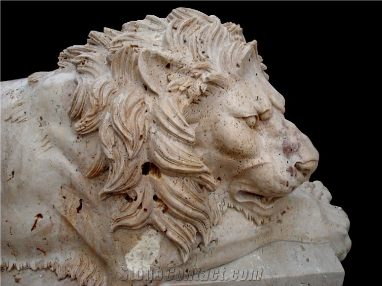 Sleeping Lion, Beige Travertine Sculpture, Statue