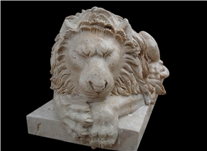 Sleeping Lion, Beige Travertine Sculpture, Statue