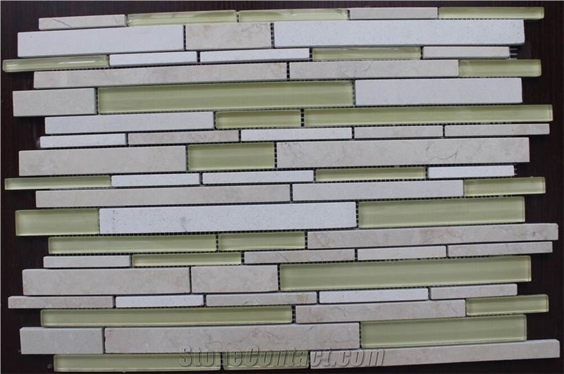 Crema Marfil Marble Mosaic Mix Glass Tile Pattern