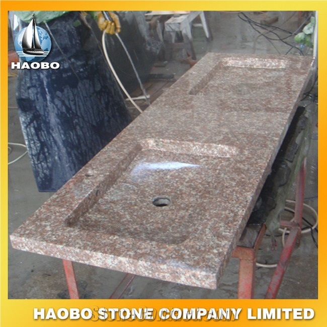 China Quarry Direct Cheap Pink Granite G664 Misty Mauve Bathroom Vanity Tops with Double Basins, Sinks Cut Out One Piece Tops